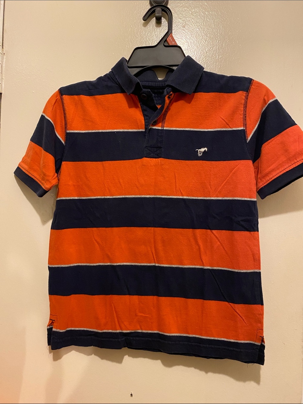 Striped Boys Polo Shirt in Orange and Navy. Medium (f)